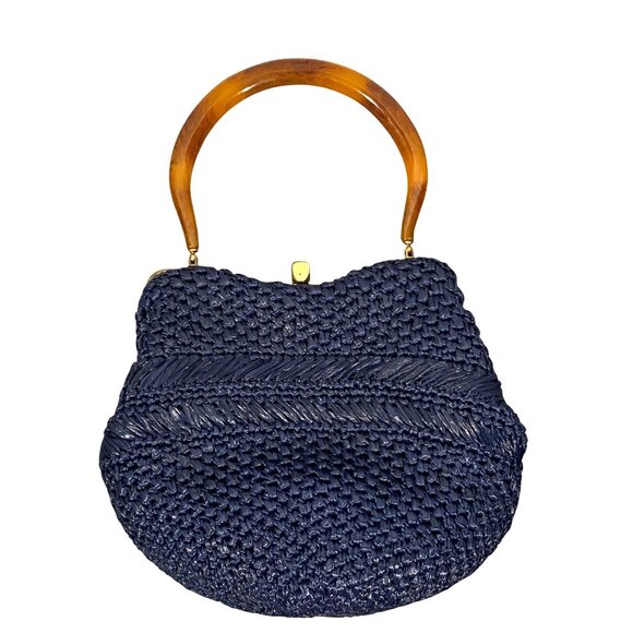 Vintage Mm Morris Moskowitz Mad Hatter Blue Woven Lucite Handle Handbag hobo - Picture 1 of 14